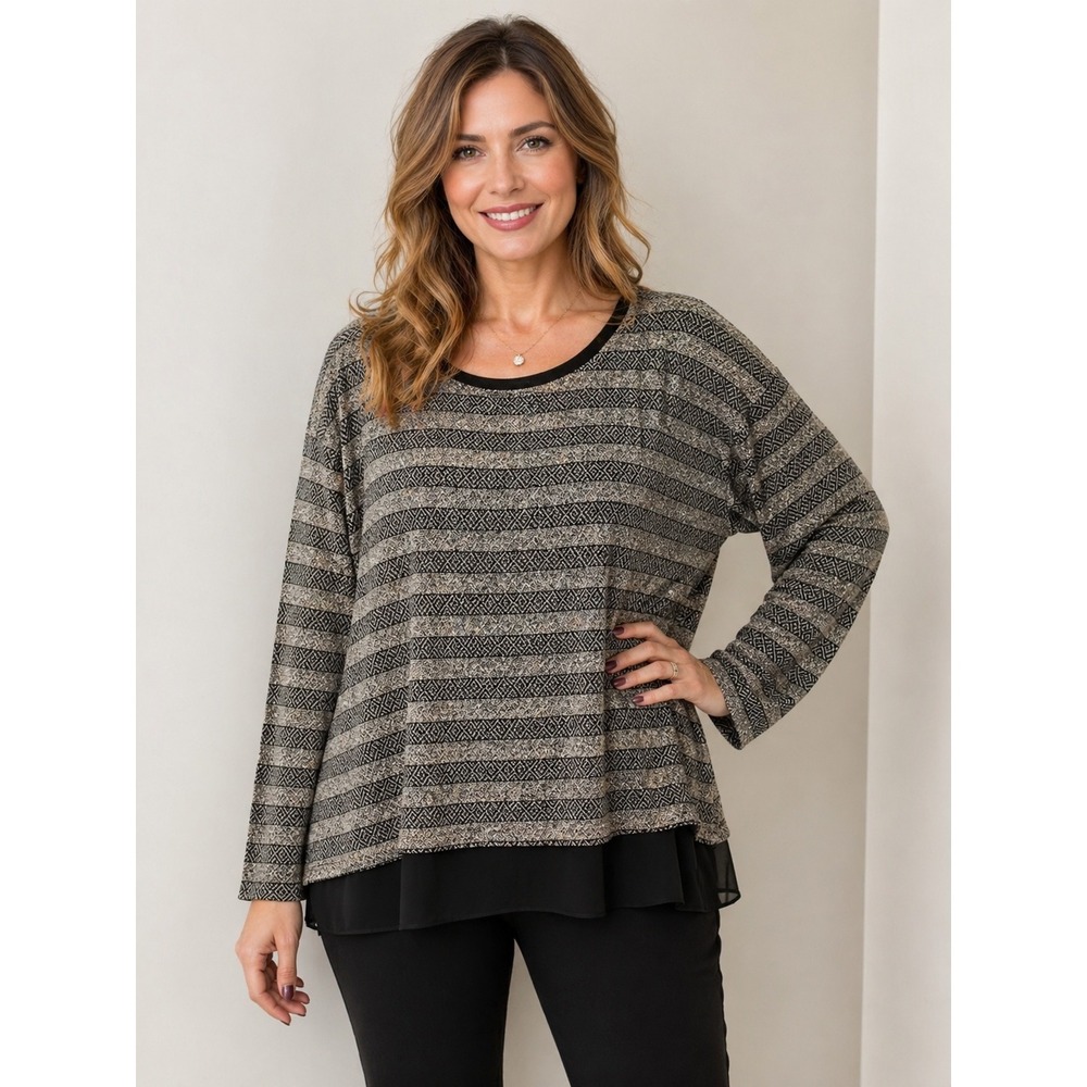 NWT Bobeau Blouse Women's Sz 3X Black‎ Cream Metallic Long Sleeve Stripe Diamond